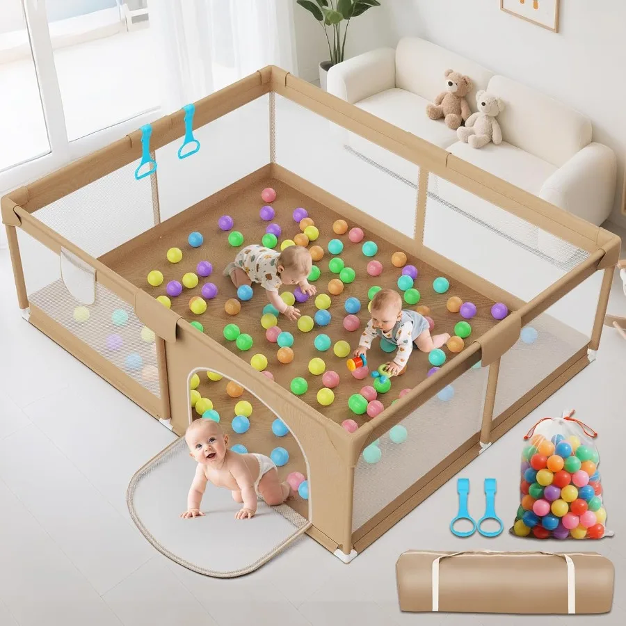 Large Baby Playpen 71x59 Inch Play Pen PlayardsPlaypen for Babies and Toddlers with 50 Ocean Balls and2 Handles-Sturdy Safety B