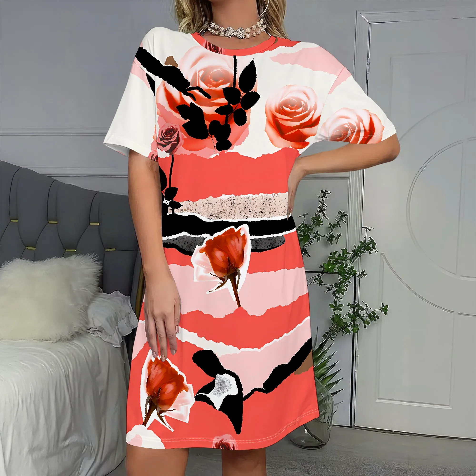 

Floral Print, Short Sleeve Dress, Abstract Roses Pattern, Colorful Striped Design, Casual Summer Wear for Women, S-2XL