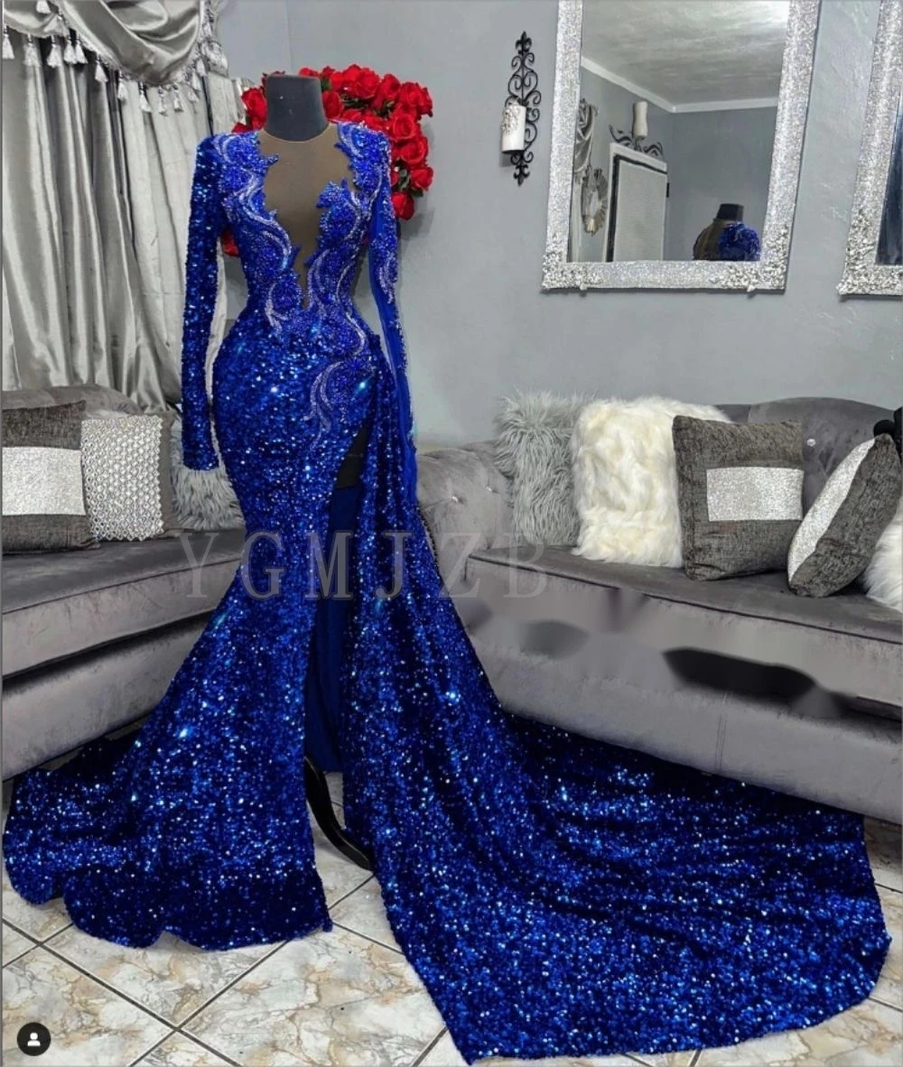 

Velvet Sequined Royal Blue Prom Dresses Luxury Rhinestones Beaded Long Sleeves Birthday Party Graduation Formal Evening Gowns