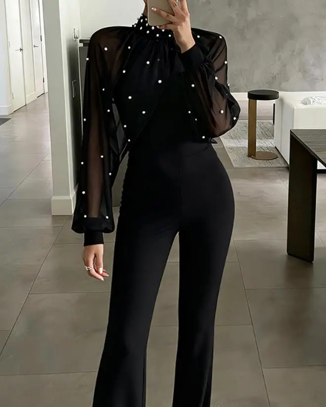 

Pearls Decor Mock Neck Chiffon Draped Cape-Style Lantern Sleeve Overalls Casual Ruched Zipper Back Flared Jumpsuit