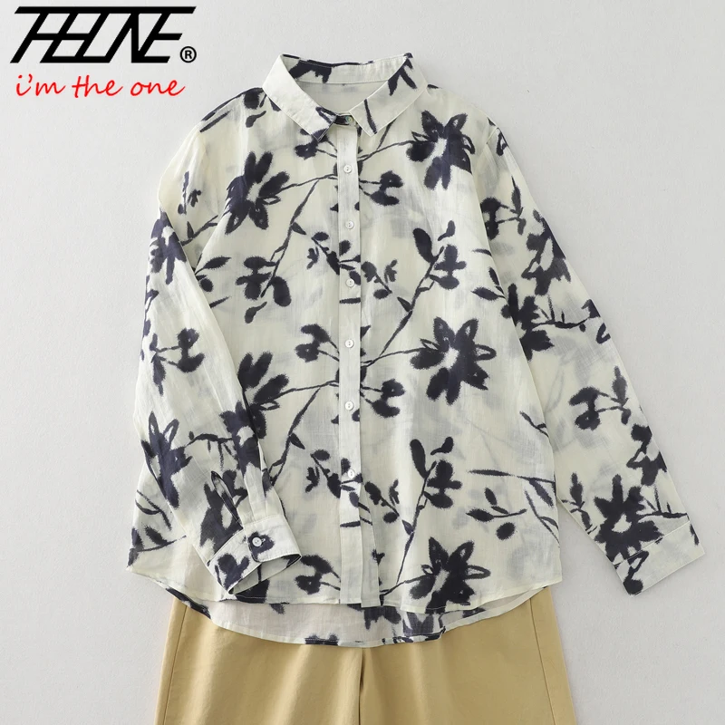 THHONE بلوزة حريمي ربيعية أنيقة 2025 Blusa Mujer قمصان واحدة الصدر فضفاضة طباعة خمر ملابس نسائية غير رسمية قمصان