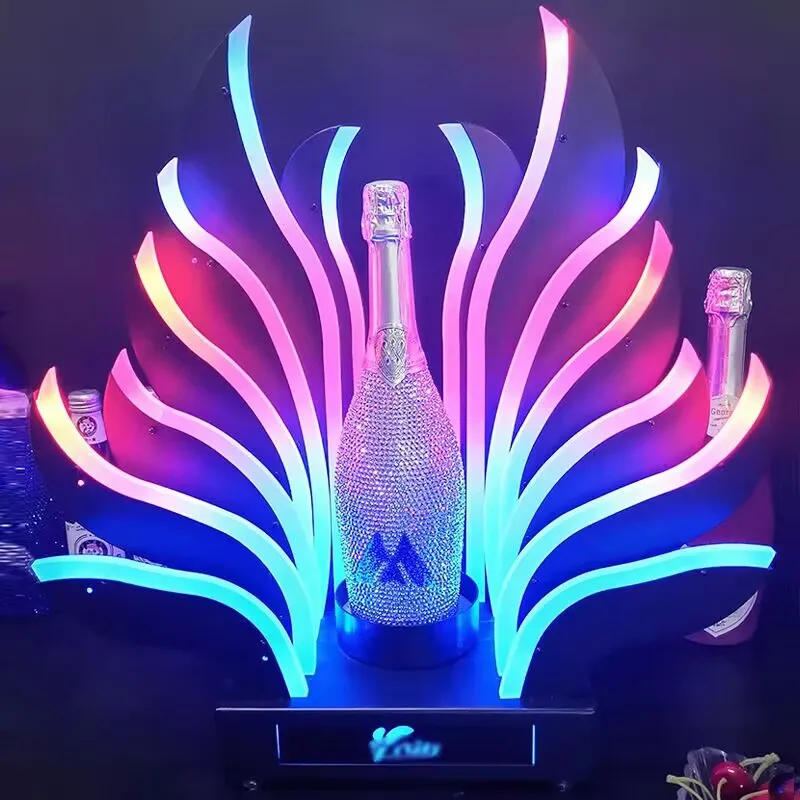 Custom Peacock Tail LED Luminous Champagne Glorifier Display Bar NightClub VIP Serving Tray Rechargeable Bottle Glow Presenter