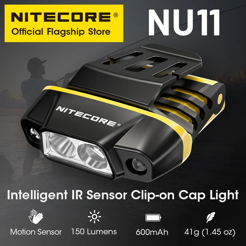 Nitecore Clip-on Cap Light, Sensor de Movimento IR Inteligente, Ângulo Ajustável de 90 °, Bateria Embutida, Pesca Noturna, Trekking, NU11