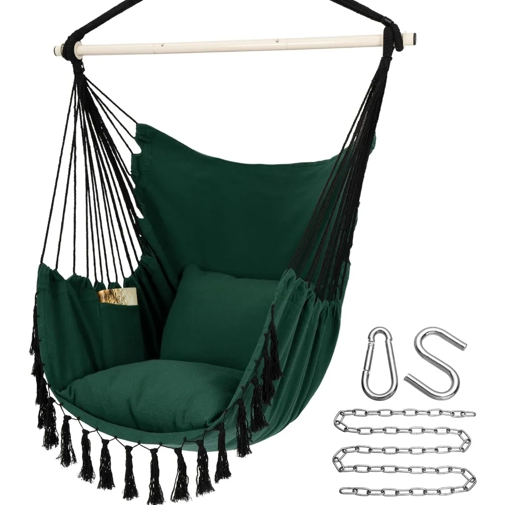 

Hammock Chair Hanging Rope Swing, Max 500 Lbs, 2 Cushions Included, Large Macrame Hanging Chair with Pocket for Superior Comfort