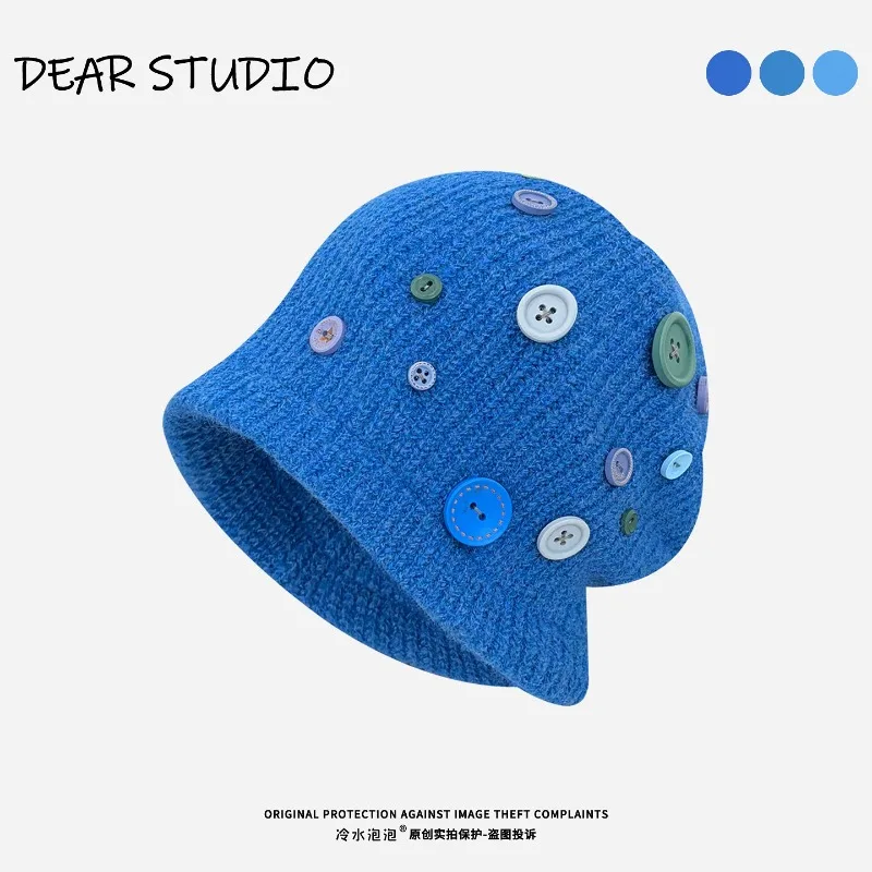 Koreanisches Nischendesign: Bunte Knopf-Strickmützen für Männer und Frauen im Herbst und Winter, warme Ohrenschutz-Kältemütze – Detail 1