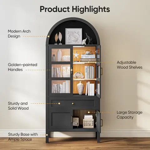 Svart modernt välvt förvaringsskåp med glasdörrar och automatiska LED-sensorer för vardagsrum, sovrum, kontor, kök 8 best sales skåp med glasdörr - №4