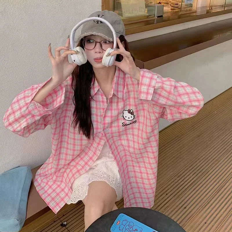 

Sanrio Hello Kitty Girlvintage Long Sleeve Shirt Kawaii Oversized Korean Stylets Shirt Spring Coat Women Sunproof Outerwear Gift
