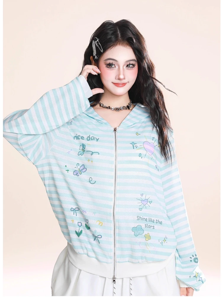 Fashion Sweet Cool Girl Y2K Hoodies Tops Striped Cute Print Loose Casual Zipper Long Sleeve Sweatshirt Short Jacket Women Autumn