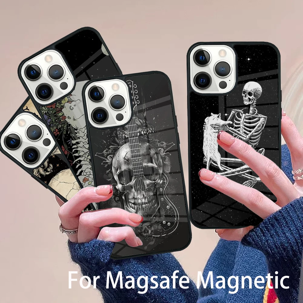 

Skeleton Bones Phone Case Magesafe Magnetic Wireless Charge Cover For IPhone 16 11 12 13 14 15 Pro Max Plus Mini