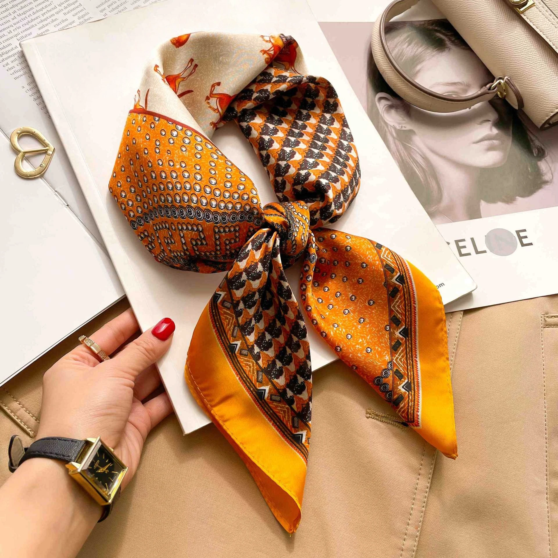 70cm Leopardenmuster Seidenschal für Damen Satin-Tuch Modische Wickel Schal Halstuch Damen Haarbänder Stirnband Bandana – Detail 6