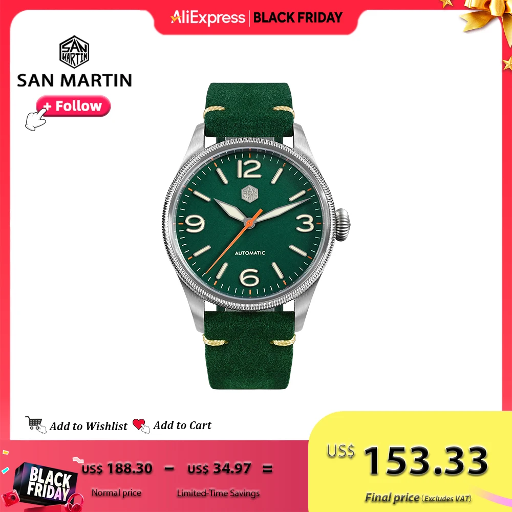 

San Martin 38,5 мм простой пилот в винтажном стиле оригинальный дизайн NH35 автоматические механические часы для мужчин с сапфировым стеклом 10 бар SN0033