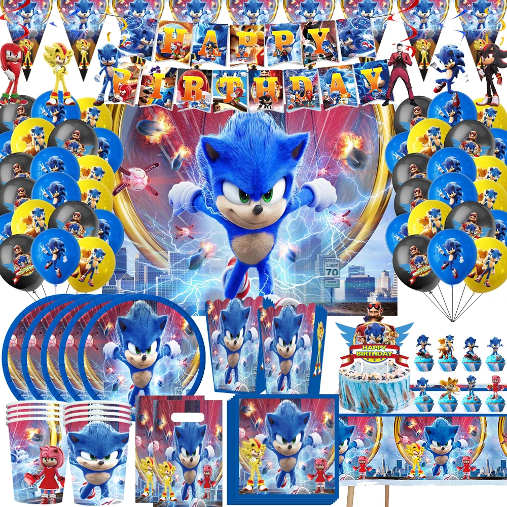 New Cartoon Sonics Birthday Party Decorations Anime Sonics Balloons Tableware Set Paper Plates Banner for Baby Shower Kids Gifts