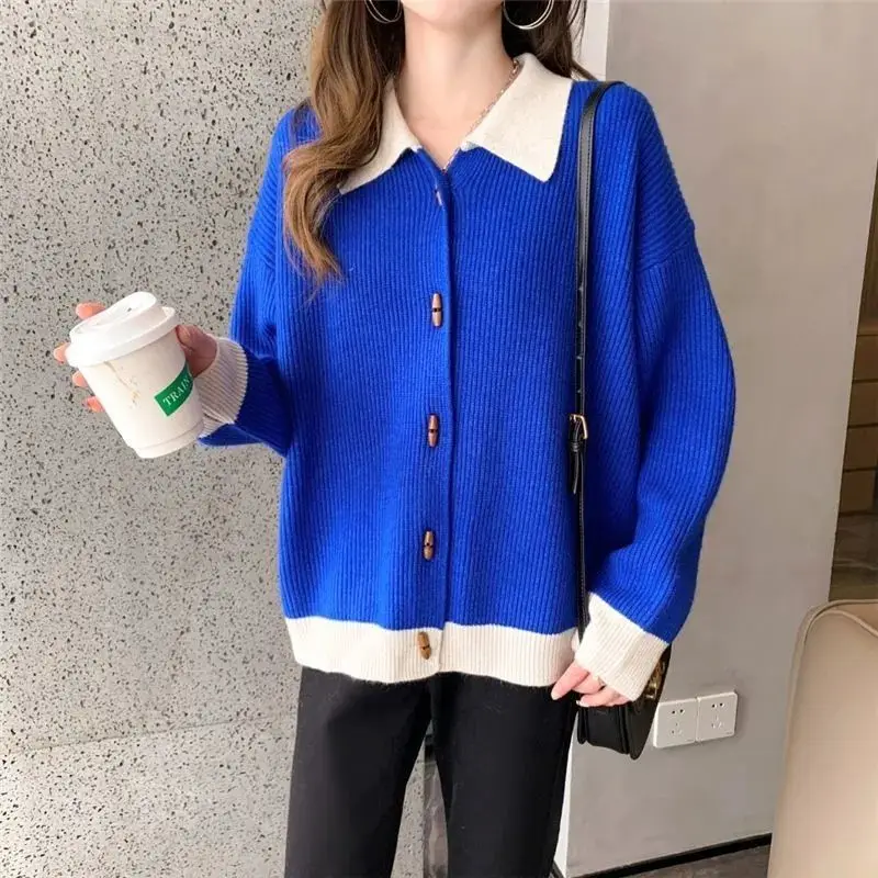 Polo-Neck Loose Casual Sweaters Female Clothing Contrasting Colors Patchwork Autumn Fashion Bull Horn Buckle Knitted Cardigan