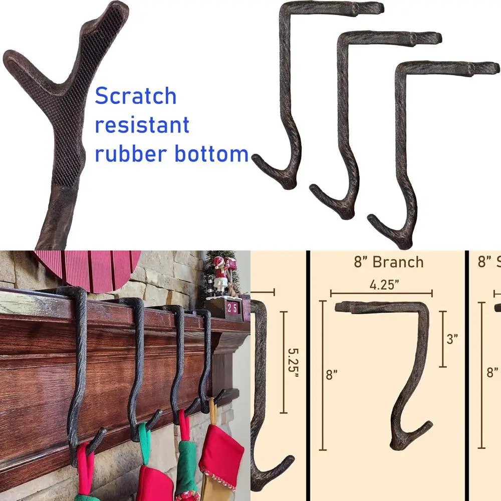 

Set of 3 Cast Iron 10 Stocking Holders, Holds Up to 9 lbs, Low Profile with Rubber Grip, Ideal for Christmas Stockings and Garla