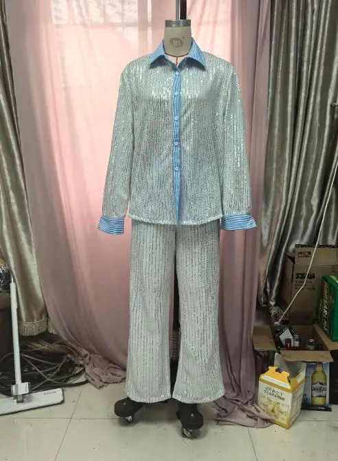 

Two Piece Set Women Outfit 2025 Spring Autumn New Striped Patchwork Sequined Turn-Down Collar Shirt & Casual Wide Leg Pants Set