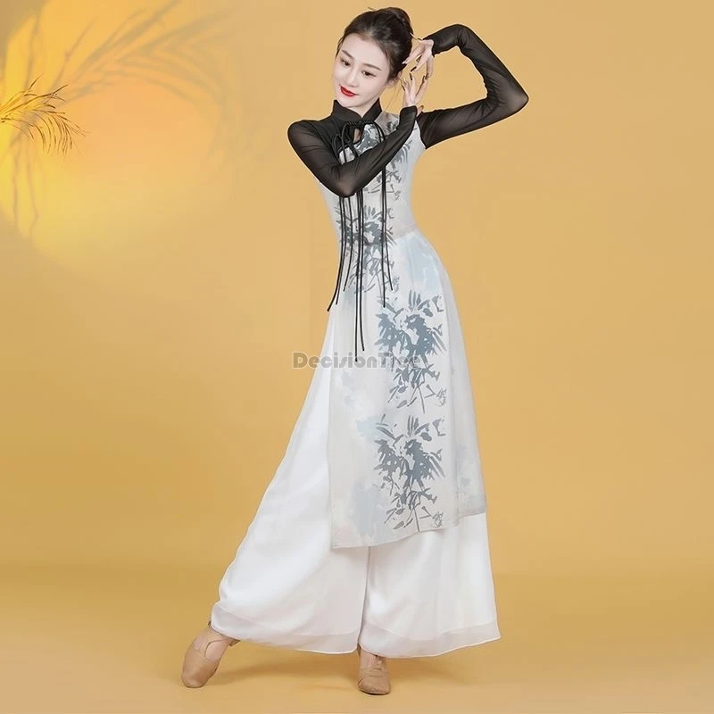 2025 chinese style classical dance qipao set improved bamboo printing patchwork button tasse qipao top fairy elastic waist pants