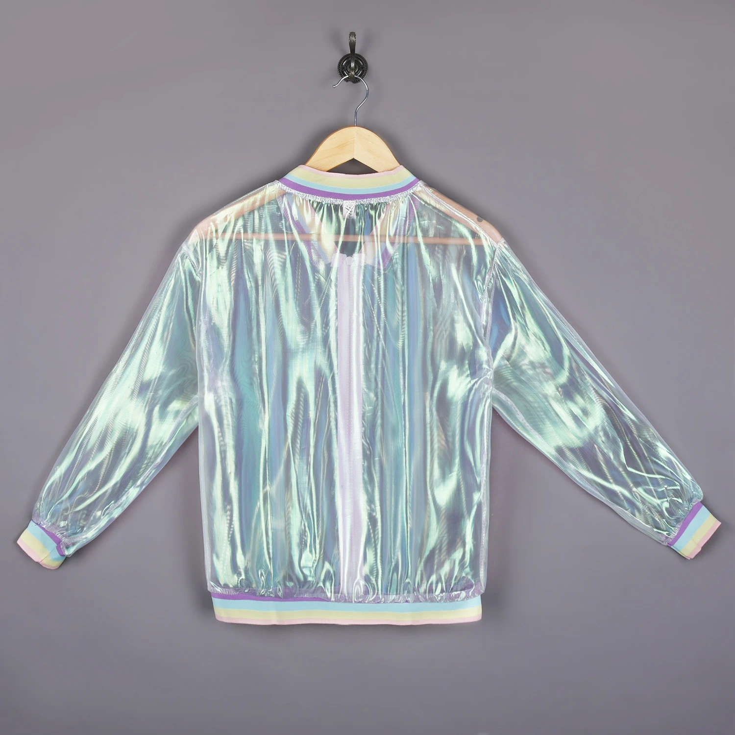 New Women Iridescent Rainbow Color Organza Transparent Jacket Holographic Coat Laser Sunscreen Baseball Jackets Ladies Outwear