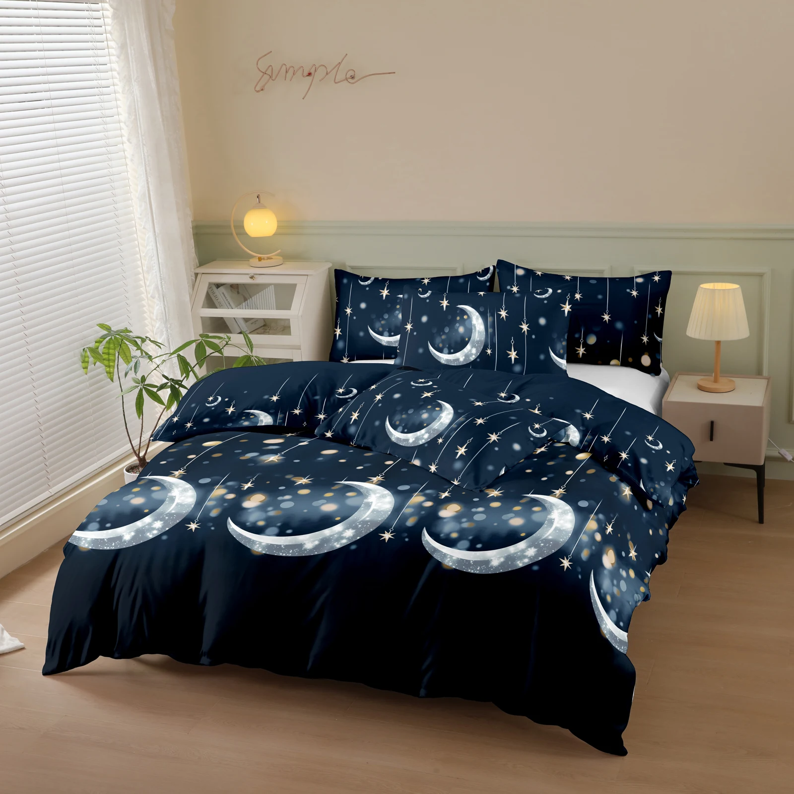 Thickened Brushed Printed Duvet Cover Three-Piece Set (2 Pillowcases + 1 Duvet Cover) Polyester Fiber Star and Moon Pattern Printed Bedspread 3-Piece Set Ultra-Soft and Comfortable Polyester Breathable Bedding Duvet Set Suitable for Bedrooms and Guesthouses (Bedspread + Pillowcases, Without Quilt and Pillow Core) Zippered Duvet Cover + Pocket Pillowcase