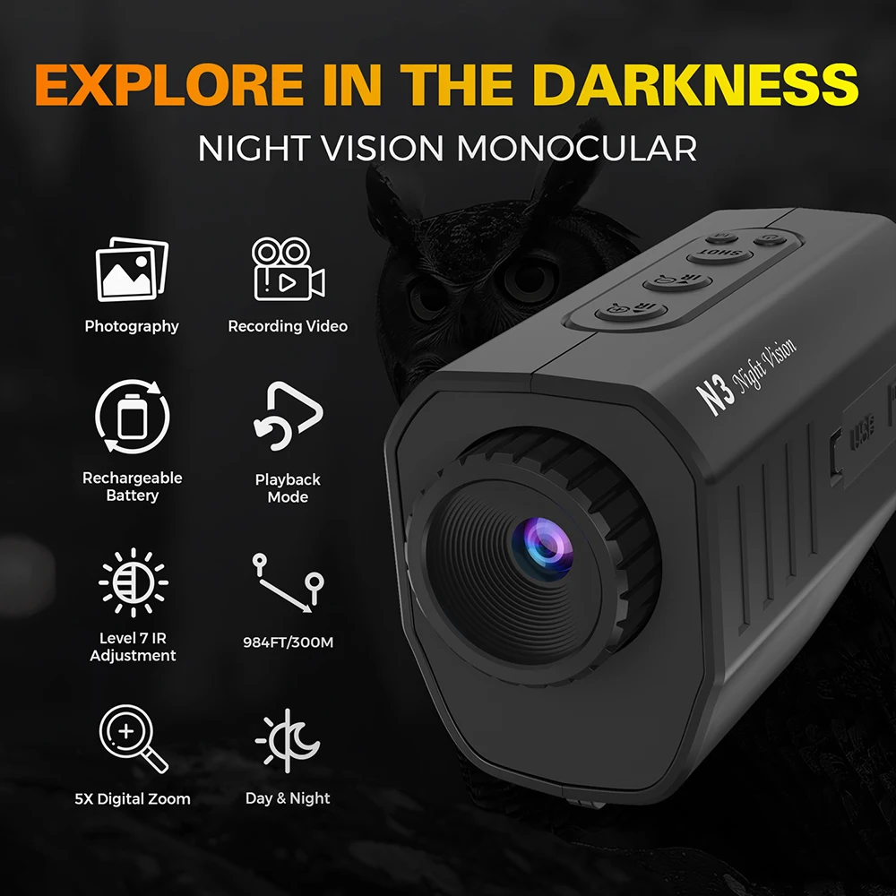 Night Vision Monocular 1080P 300M 5X Zoom IR Night Vision Goggles for Hunting Camping GTGUARD N3