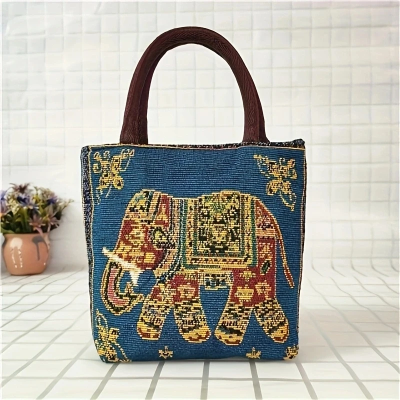 1pc Women Embroidered Tote Bag Retro Owl Elephant Printed Handbags Ladies Large Capacity Reusable Shopping Bag  Mother Handbag view 4