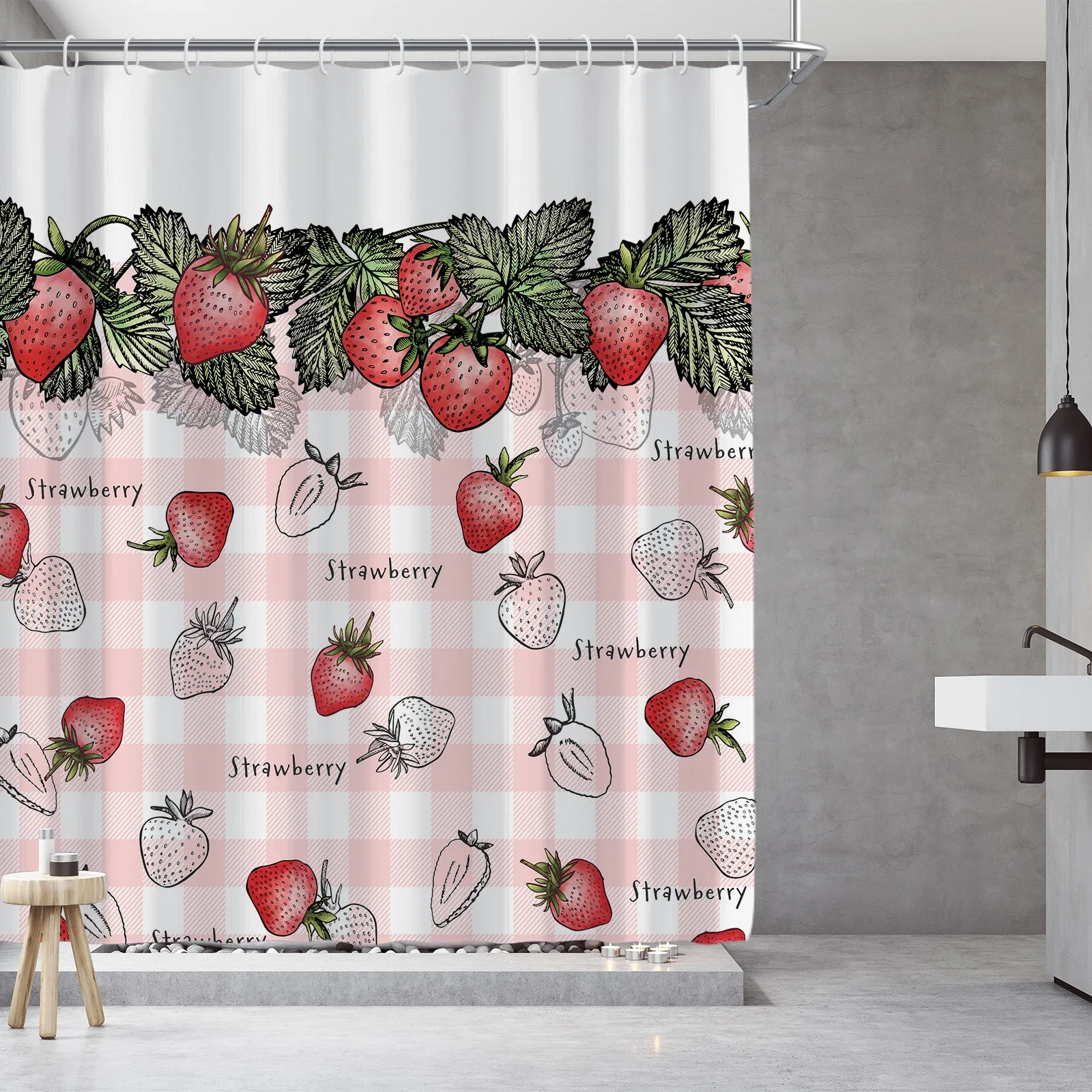 1PC Fresh Fruit Print Shower Curtain, Soft Fabric, Modern Finish, Non-Slip Bathroom Floor Mat, 12 Plastic Hooks Crip gang