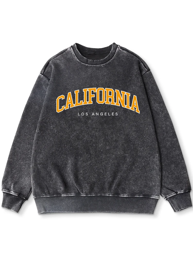 

California Los Angeles Women Cotton Interesting Letter Print Hoodie O-Neck Washed Sweatshirt Retro Distressed Oversize Clothes