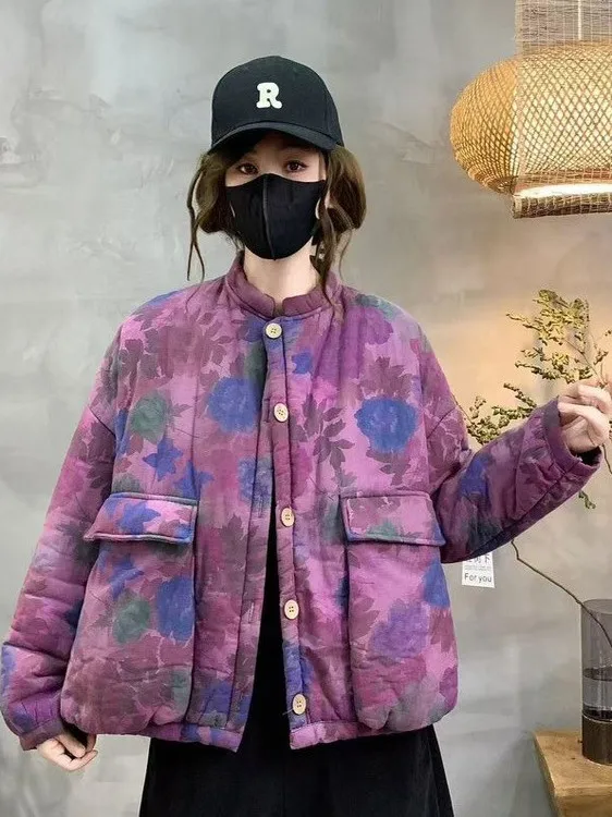 

Новая женская утепленная хлопковая куртка 2025 года с флисовой подкладкой, большими карманами и крупными цветами, свободного кроя, с длинными рукавами, для повседневной носки