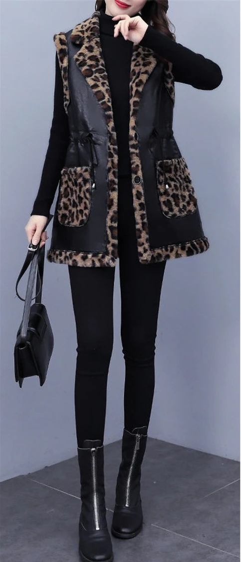 High-End Design Rabbit Plush Leopard Vest Female Autumn Winter Women\'s Leather Waistcoat Jacket Mid-Length Thick Faux Fur Coat