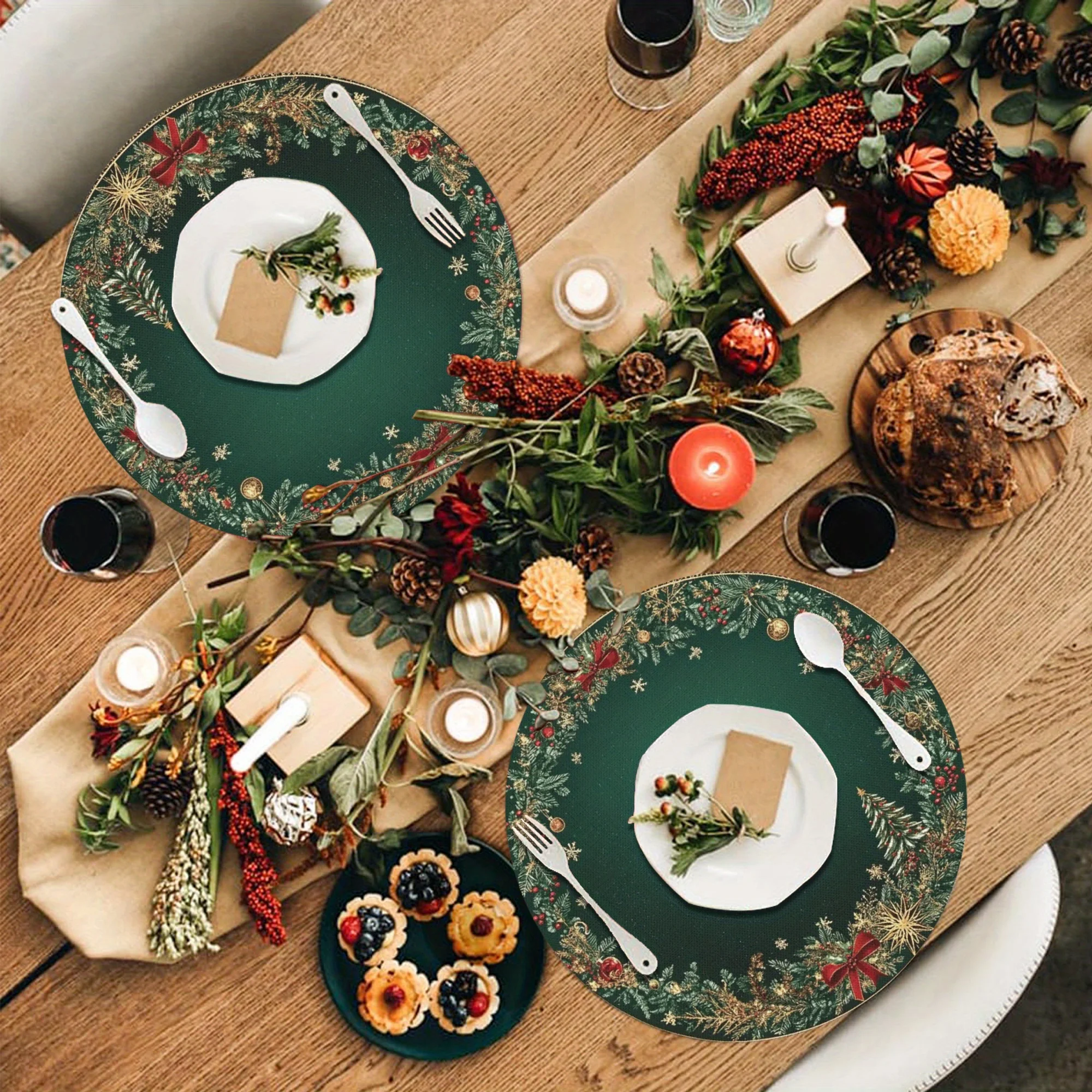 VIKAMA 4-Piece Christmas Pinecone Red Berry Placemats Holiday Table Decor Accessories Family Gathering Party Decor