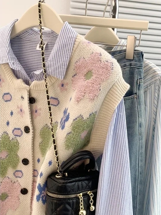 سترة نسائية كورية Sle مستديرة Ne محبوكة مفتوحة سترة نسائية ملابس خارجية تصميم مطرز بالزهور النباتية