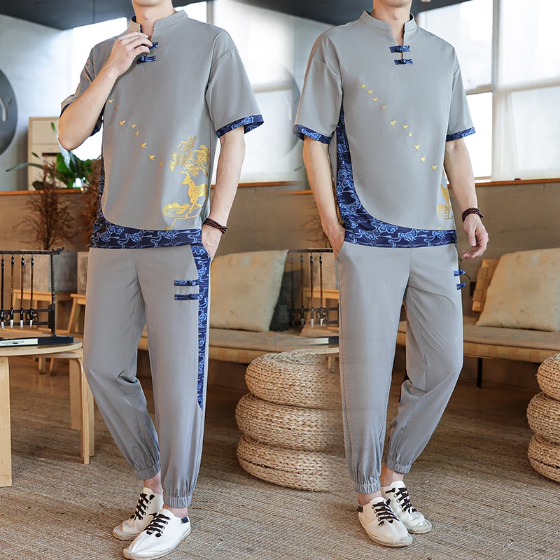 Shirts + Pants summer Cotton linen shorts sleeve shirts Men\'s Casual Sets Male Fashion trousers and shirts men size M-4XL TZ020