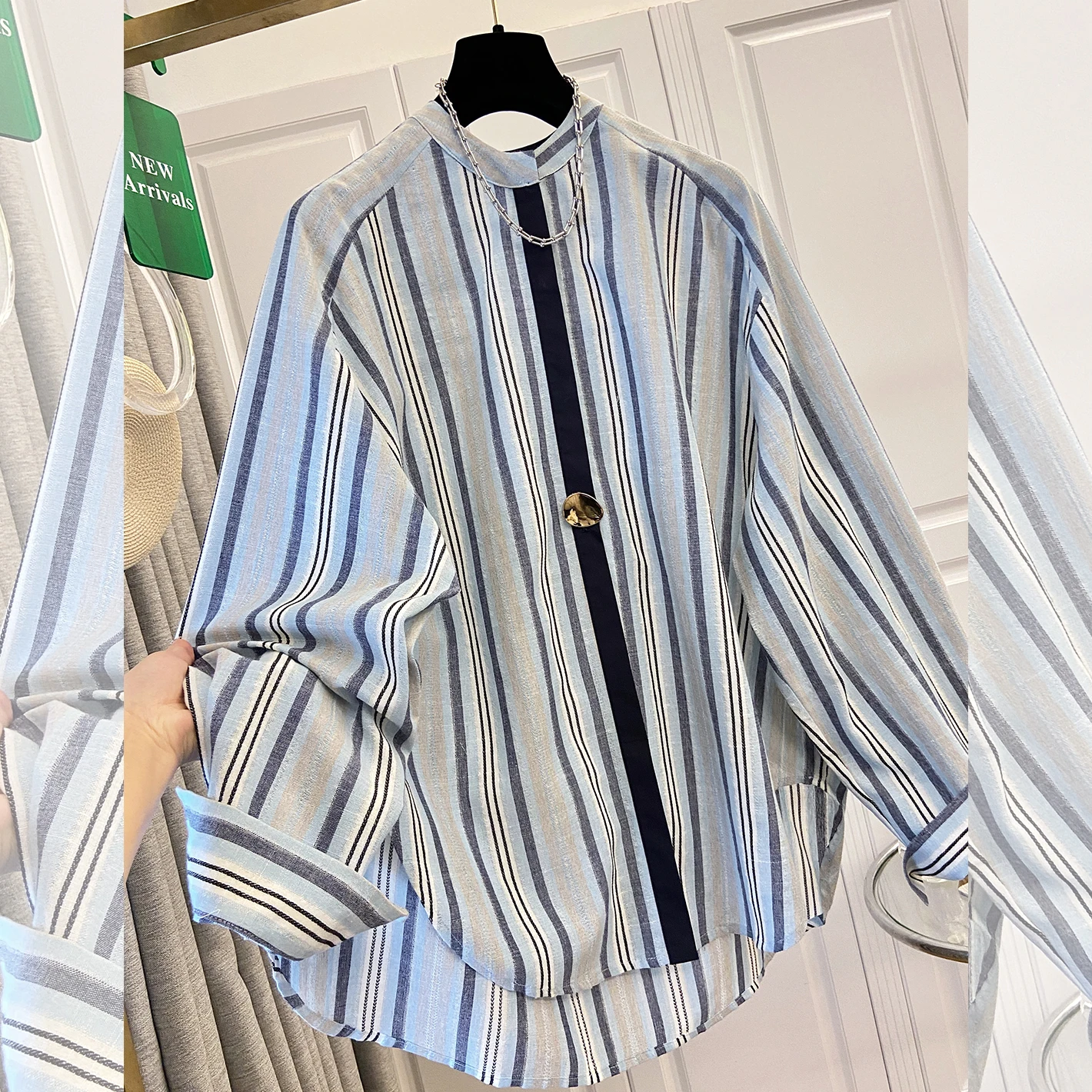 

SuperAen Spring 2026 New Korean Style Elegant Blue Striped Oversize Shirt Fashion Long-Sleeved Loose Casual Tops