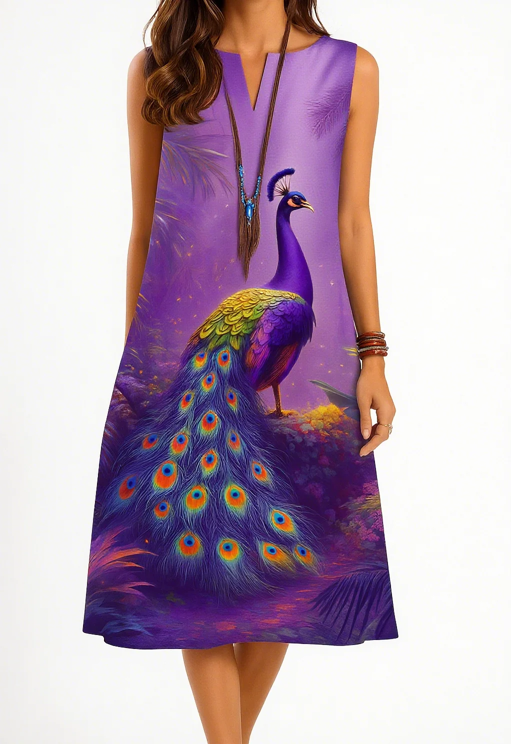 Women's kurt fashionable and elegant long sleeved straight tube casual V-neck peacock pattern new dress