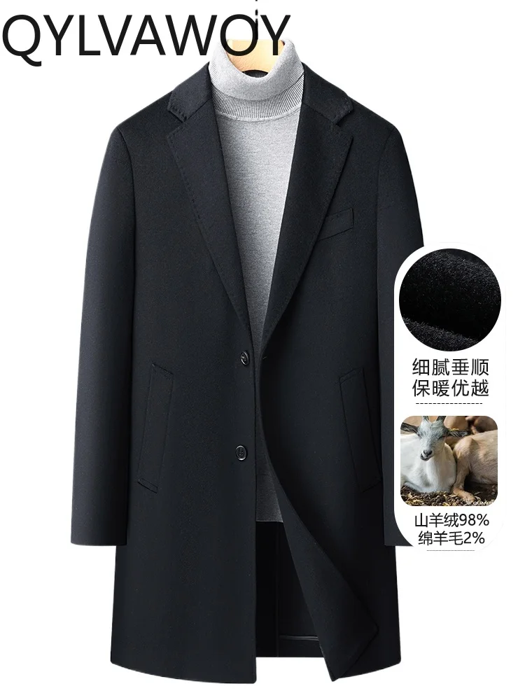 

QYLVAWOY 98% кашемировое мужское кашемировое пальто среднего возраста высокого класса, осенне-зимнее кашемировое пальто, шерстяная верхняя одежда с воротником костюма LJ2093