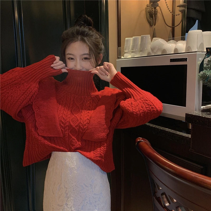 Turtleneck Sweater Women Vintage Ruffles Knitted Pullovers Christmas Streetwear Cropped Knitwear Autumn Winter Korean Red Jumper