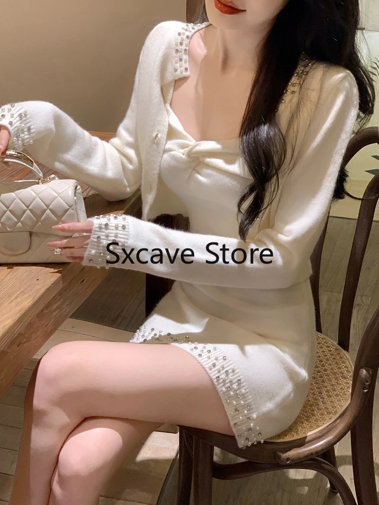 2023 Autumn 2 Piece Dress Set Women 2023 Autumn Vintage Mini Sweater Dress + Casual Cardigan Office Lady Korean Knitted Suit