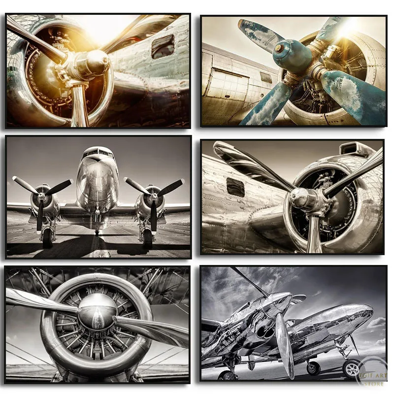 Aircraft Propeller Poster Wall Art Modern Aviation Combat Aircraft Painting Vintage Airplane Wall Art for Living Room Home Decor