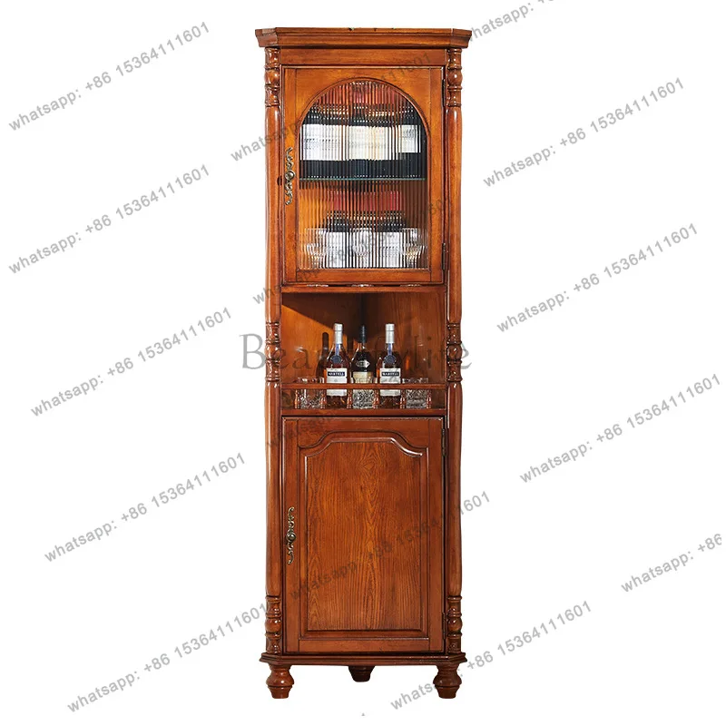 American all-solid wood triangular cabinet with lamp glass corner storage single door wine cabinet AJ212