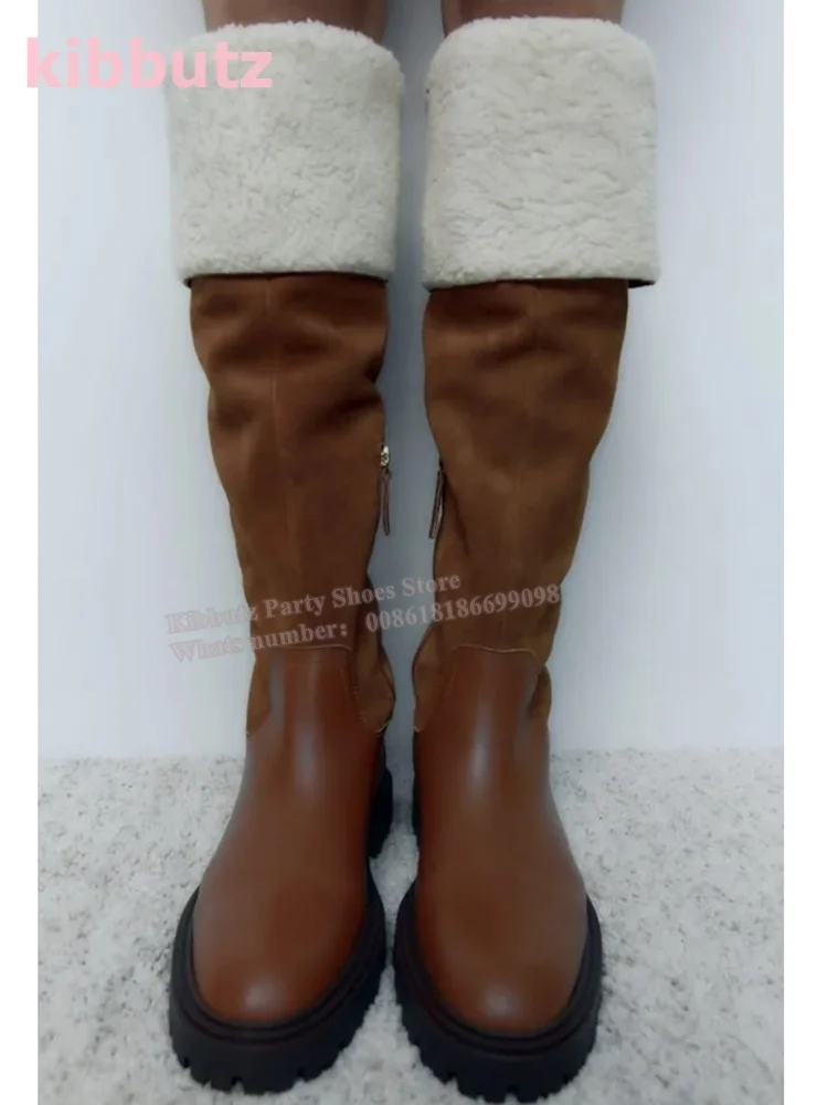 

Sheepskin Snow Boots Knee High Solid Brown Long Tube Added Fleece Furry Fashion Elegant Sexy Winter Warm Slip-On Women Shoes New