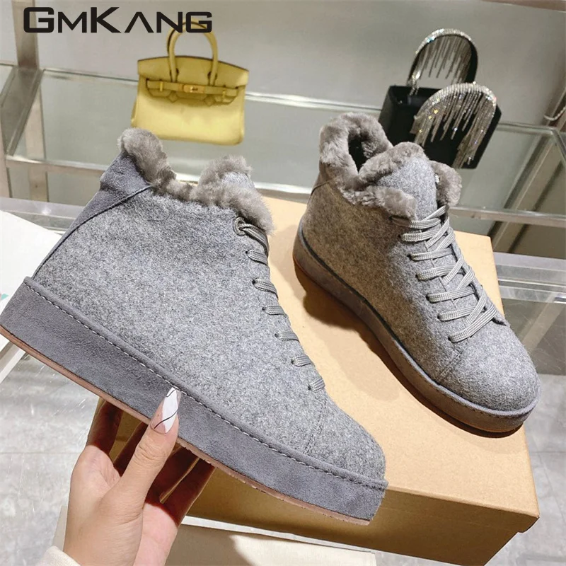 Winter Wool Shoes Women Flat Snow Boots Round Toe Lace Up Casual Shoes Woman Fashion Comfort Sneakers Women Short Boots Woman