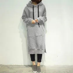 Long Hooded Sweatshirt Solid Color Loose Casual Hoodies Dress With Pockets 2024 Warm Y2K Baggy Women Clothing S-5XL Plus Size