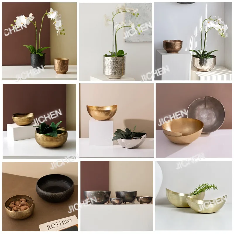 

Simple light luxury metal hammered flower vessel gold silver vase home living room tabletop dried flower arrangement flower pot