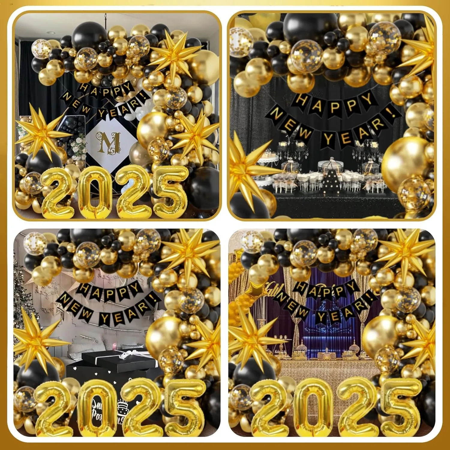New Years Balloon Arch Garland Kit Happy New Years Decorations 2025 with Gold Fringe Backdrop 32inch 2025 Number Foil Balloon