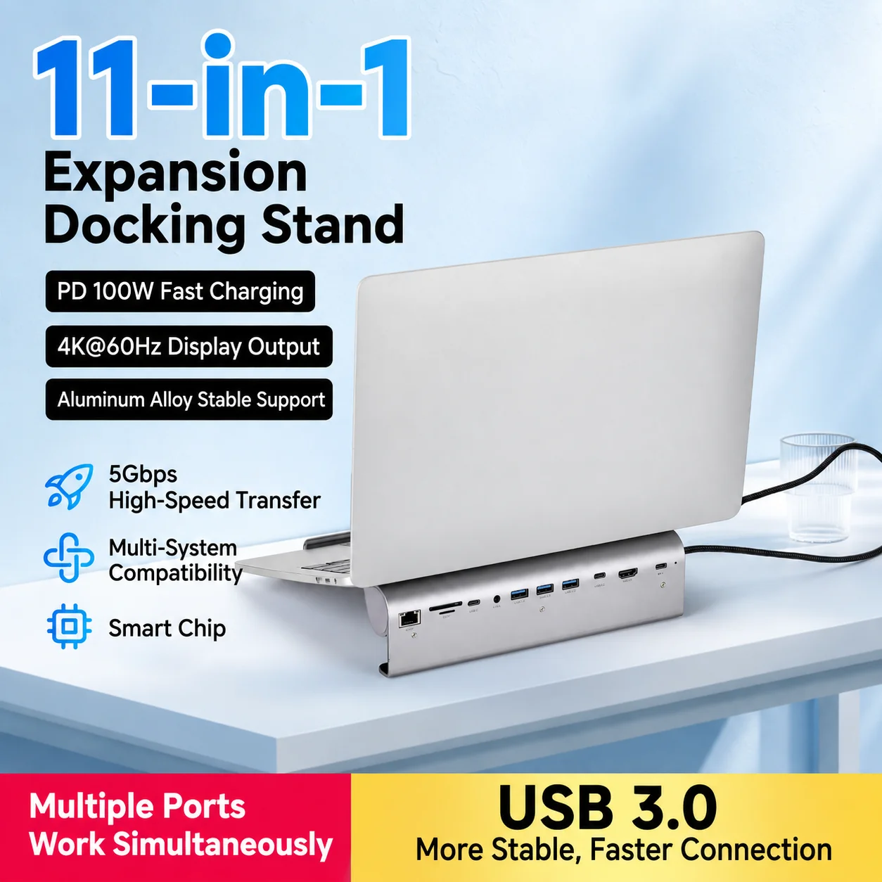 11 in 1 Type C Docking Station USB3.0 Hub Gigabit Ethernet Multiport Adapter Laptop Converter