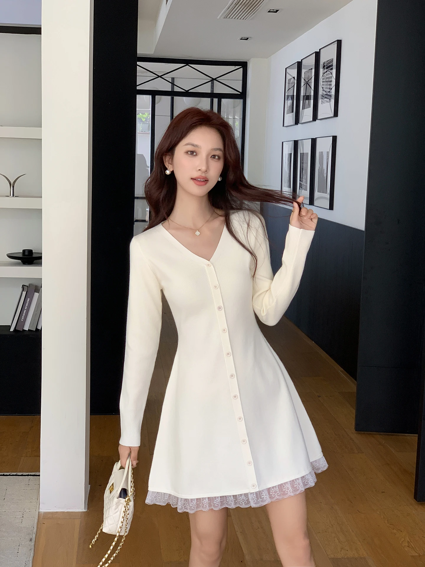 

Белое трикотажное платье с v-образным вырезом, облегающее платье трапециевидной формы, осень-зима, теплый базовый слой, свитер Dr Office Commute Sle