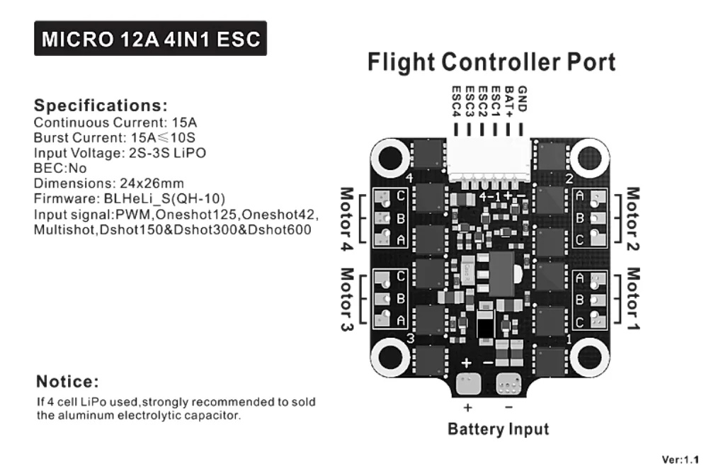 SPCMAKER Mini BLHeli_S 12A 4-in-1 OPTO ESC DSHOT وحدة تحكم في السرعة F4 F411 مثالية لبناء طائرة RC بدون فرش صغيرة 2 بوصة و3 بوصة