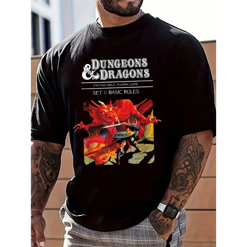 الزنزانات والتنينات خمر القواعد الأساسية غطاء تي شيرت لعبة عاشق رجل الصيف المطبوعة التي شيرت موضة Crewneck القطن المحملة القمم