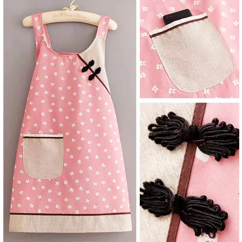 Plate Buckle Kitchen Apron Women\'s Fresh Chinese Style Comfortable Breathable Home Catering Work Clothes Waist Bib Apron Strap