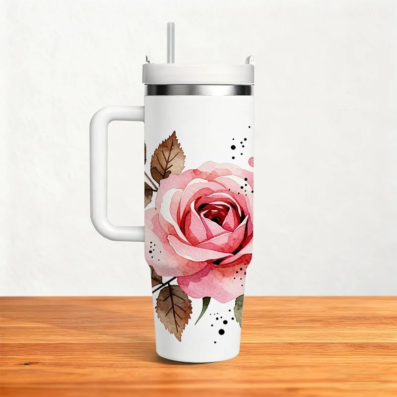 40oz Stainless Steel Insulated Tumbler, Watercolor Pink Rose Floral Digital Print Design, Reusable Heat & Cold Retention Drinkware, Ideal for Office, Road Trips & Daily Outdoor Hydration