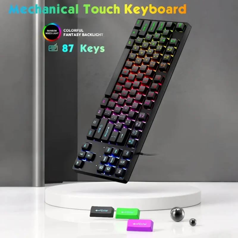 Rainbow Backlit Mechanical Feel Gaming Keyboard, 87-Key Wired Gaming Keyboard with Mute Button, USB Plug and Play